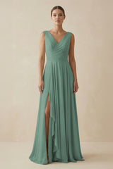 Sea Glass V-Neck A-Line Chiffon Ruffled Bridesmaid Dress | KISSBRIDAL