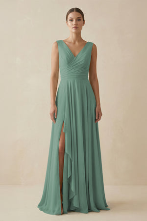 Sea Glass V-Neck A-Line Chiffon Ruffled Bridesmaid Dress | KISSBRIDAL