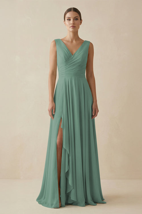 Sea Glass V-Neck A-Line Chiffon Ruffled Bridesmaid Dress | KISSBRIDAL