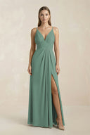 Sea Glass V-Neck A-Line Pleated Chiffon Bridesmaid Dress | KISSBRIDAL