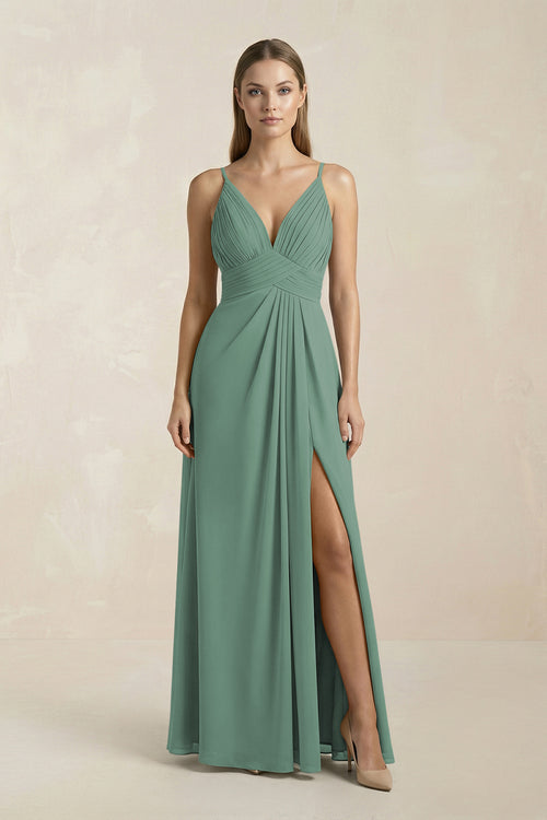 Sea Glass V-Neck A-Line Pleated Chiffon Bridesmaid Dress | KISSBRIDAL
