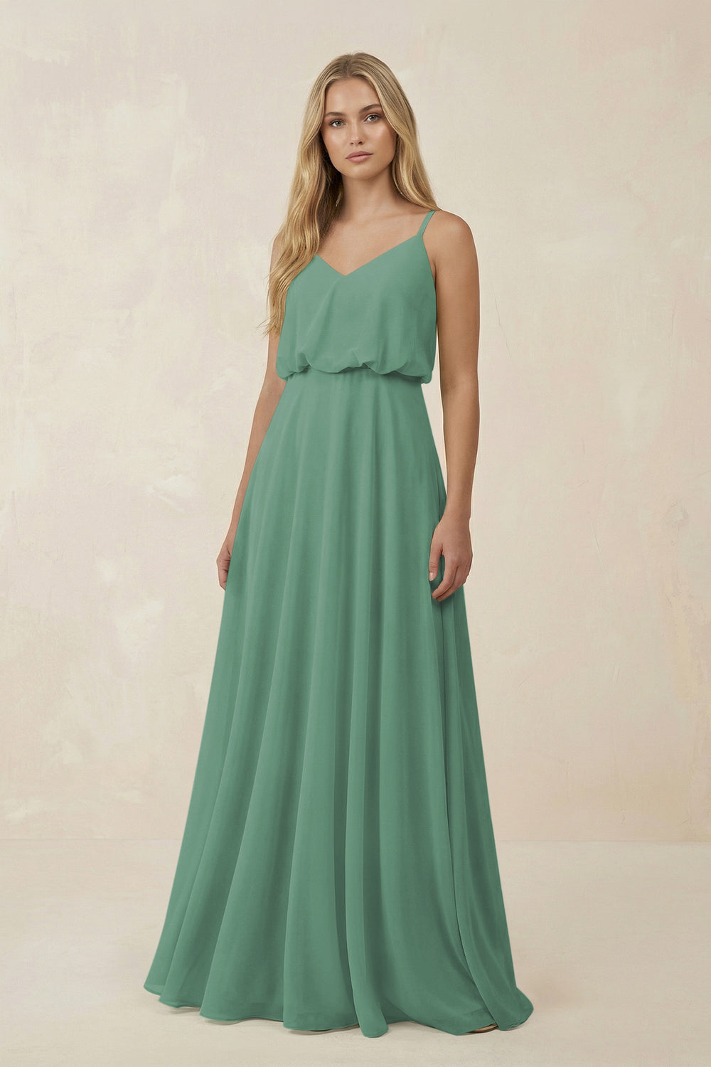 V-Neck Blouson A-Line Chiffon Bridesmaid Dress in Sea Glass
