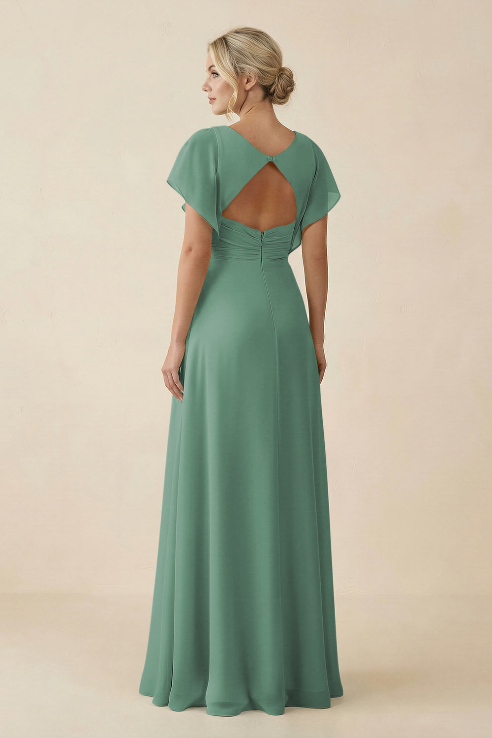 V-Neck Cap Sleeve Chiffon Bridesmaid Dress with Cut-out Back in Sea Glass