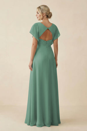 Sea Glass V-Neck Cap Sleeve Chiffon Bridesmaid Dress with Cut-out Back (2) | KISSBRIDAL