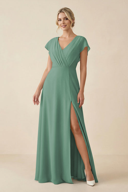 Sea Glass V-Neck Cap Sleeve Chiffon Bridesmaid Dress with Cut-out Back | KISSBRIDAL