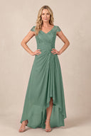 Sea Glass V-Neck Chiffon A-Line Embroidered Ruched Mother of the Bride Dress | KISSBRIDAL