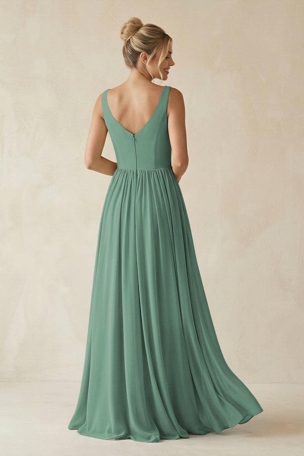 Sea Glass V-Neck Chiffon A-Line Long Bridesmaid Dress (2) | KISSBRIDAL