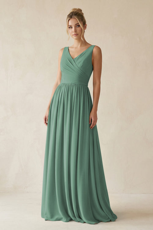 Sea Glass V-Neck Chiffon A-Line Long Bridesmaid Dress | KISSBRIDAL