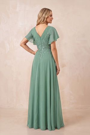 Sea Glass V-Neck Chiffon Ruffled Sleeves A-Line Mother of the Bride Dress (2) | KISSBRIDAL