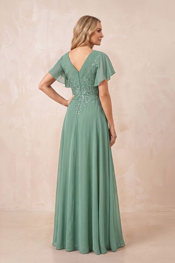 Sea Glass V-Neck Chiffon Ruffled Sleeves A-Line Mother of the Bride Dress (2) | KISSBRIDAL