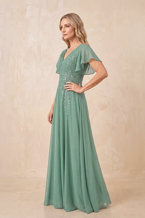 Sea Glass V-Neck Chiffon Ruffled Sleeves A-Line Mother of the Bride Dress (3) | KISSBRIDAL