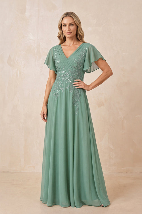Sea Glass V-Neck Chiffon Ruffled Sleeves A-Line Mother of the Bride Dress | KISSBRIDAL