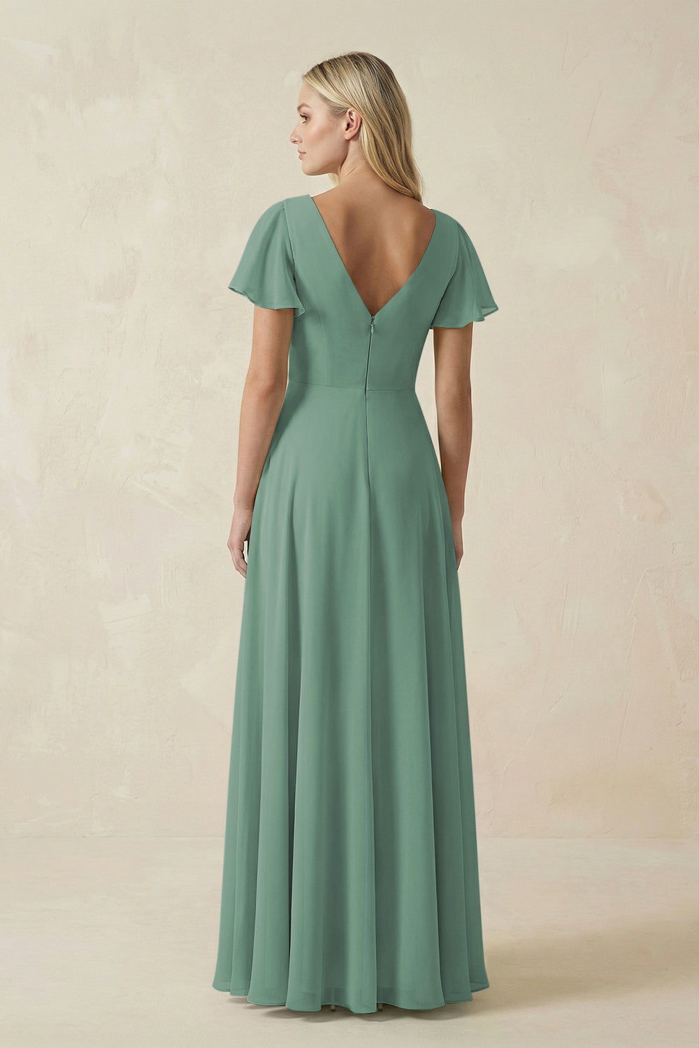 V-Neck Flutter Sleeve A-Line Chiffon Bridesmaid Dress in Sea Glass