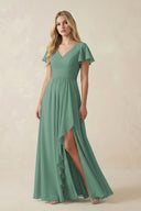 Sea Glass V-Neck Flutter Sleeve A-Line Chiffon Bridesmaid Dress | KISSBRIDAL