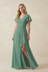 Sea Glass V-Neck Flutter Sleeve A-Line Chiffon Bridesmaid Dress | KISSBRIDAL