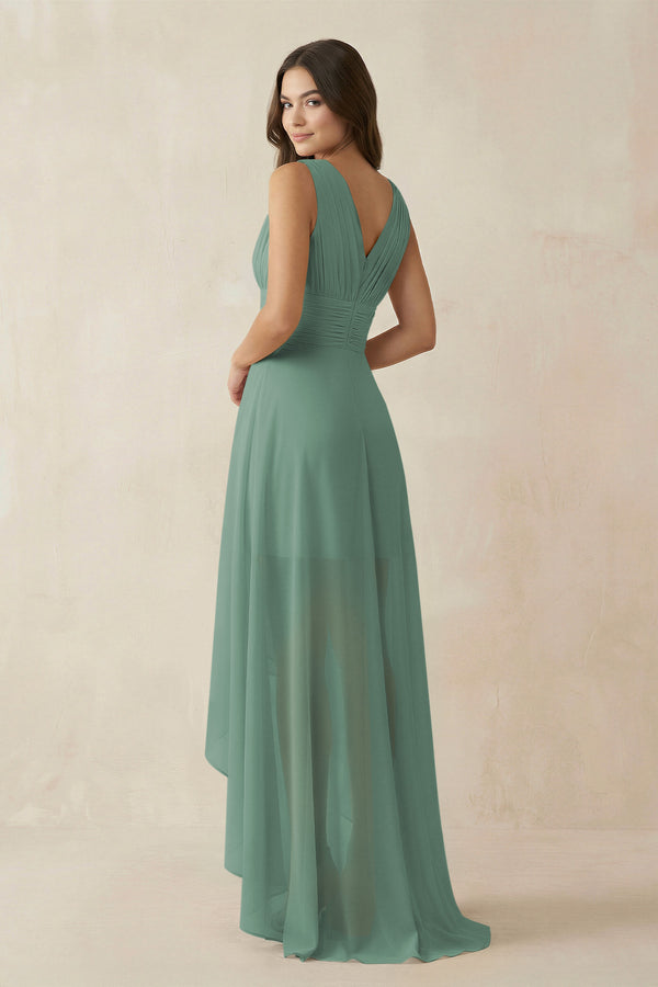 Sea Glass V-Neck High-Low Chiffon Bridesmaid Dress (2) | KISSBRIDAL