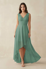 Sea Glass V-Neck High-Low Chiffon Bridesmaid Dress | KISSBRIDAL