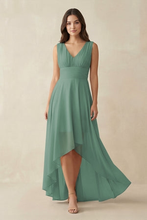 Sea Glass V-Neck High-Low Chiffon Bridesmaid Dress | KISSBRIDAL