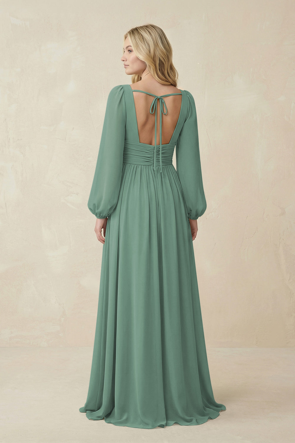V-Neck Long Sleeve A-Line Chiffon Bridesmaid Dress in Sea Glass