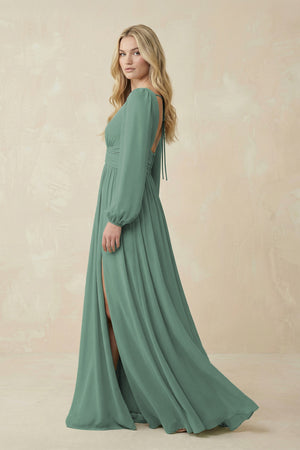 Sea Glass V-Neck Long Sleeve A-Line Chiffon Bridesmaid Dress (3) | KISSBRIDAL