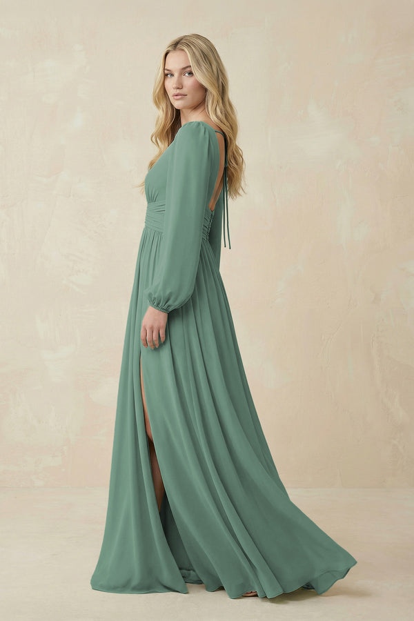 Sea Glass V-Neck Long Sleeve A-Line Chiffon Bridesmaid Dress (3) | KISSBRIDAL