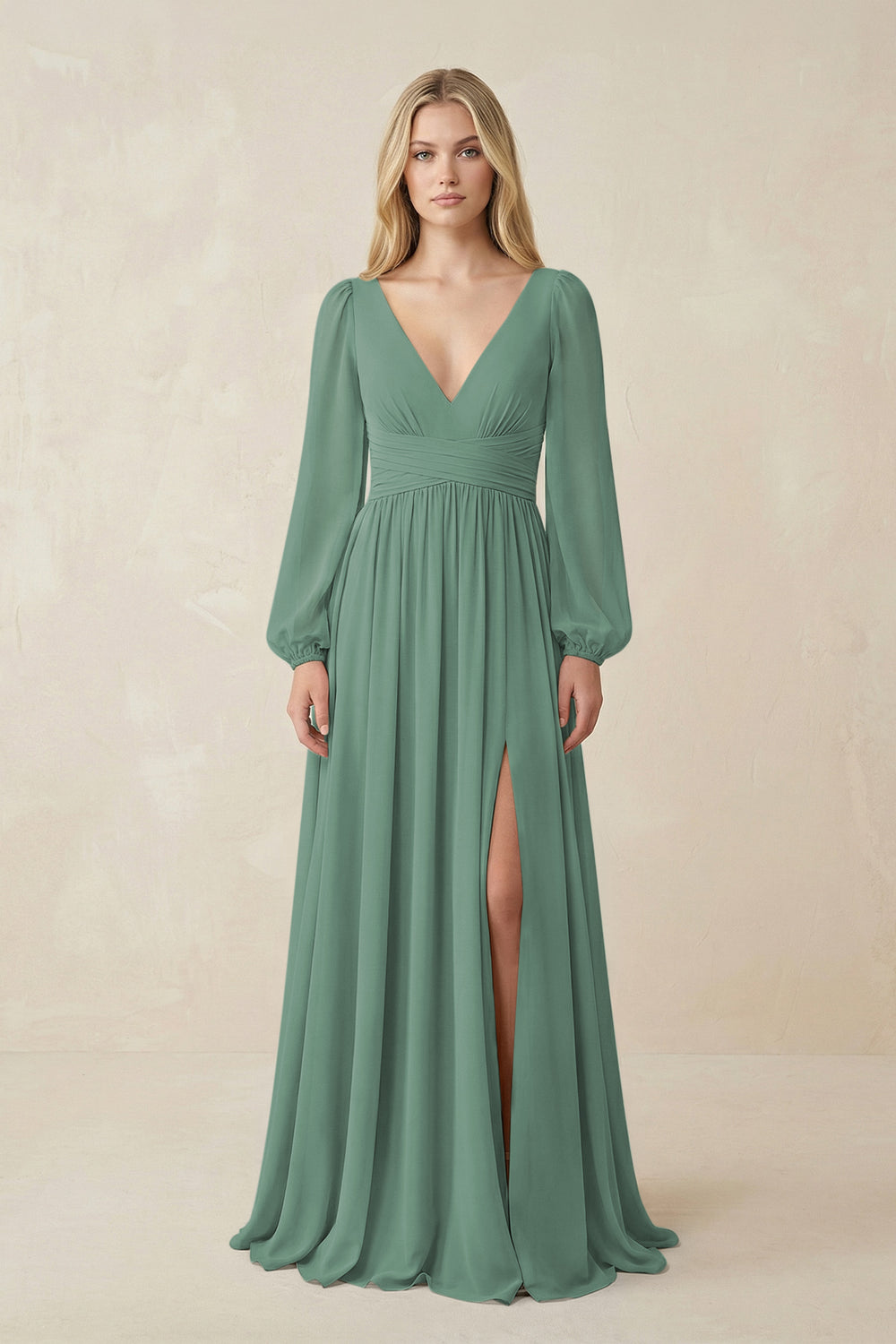 V-Neck Long Sleeve A-Line Chiffon Bridesmaid Dress in Sea Glass