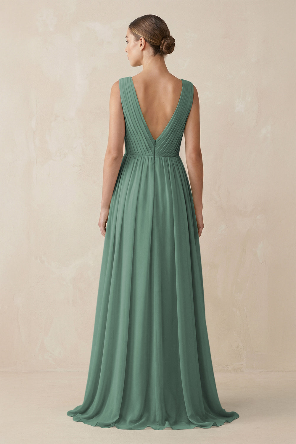 V-Neck Pleated A-Line Chiffon Bridesmaid Dress in Sea Glass