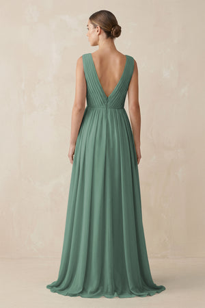 Sea Glass V-Neck Pleated A-Line Chiffon Bridesmaid Dress (2) | KISSBRIDAL