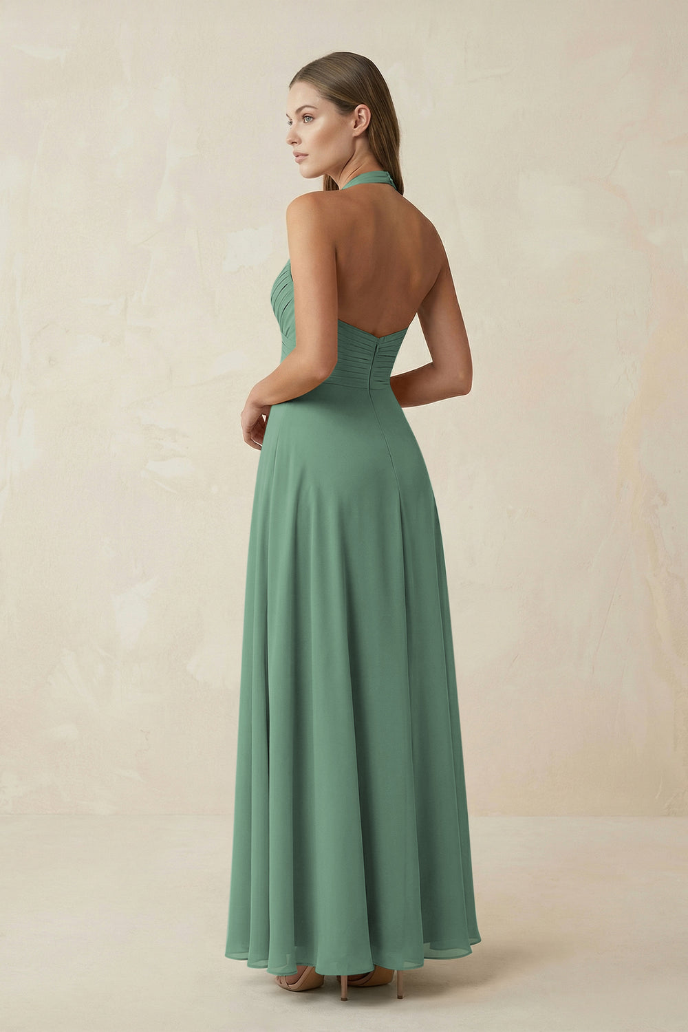 V-Neck Pleated A-Line Chiffon Bridesmaid Dress in Sea Glass