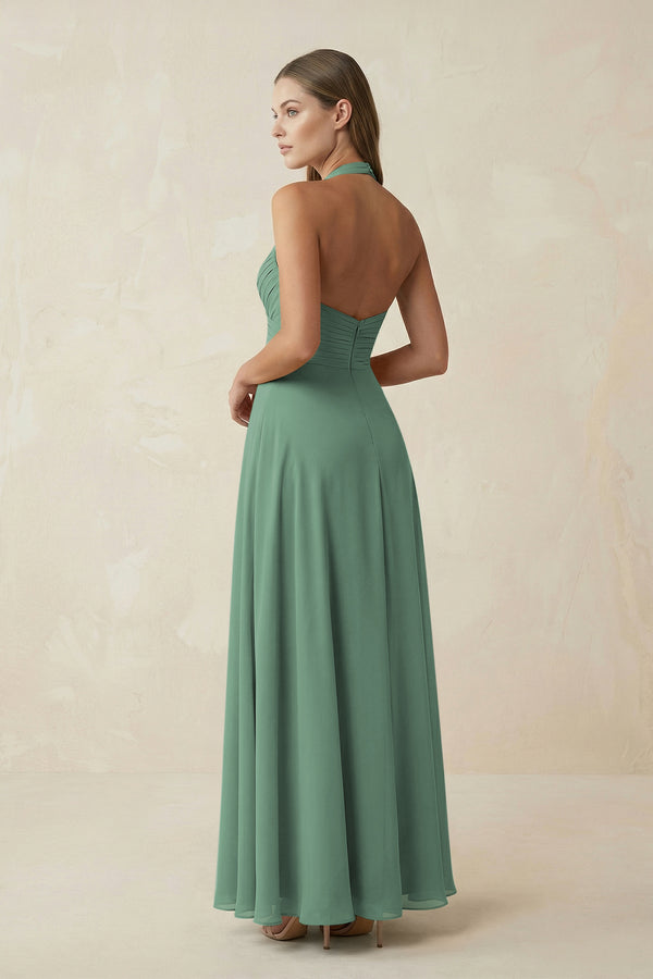Sea Glass V-Neck Pleated A-Line Chiffon Bridesmaid Dress (2) | KISSBRIDAL