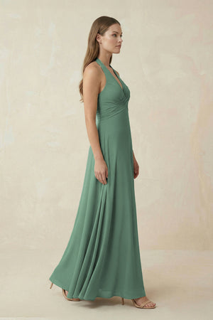 Sea Glass V-Neck Pleated A-Line Chiffon Bridesmaid Dress (3) | KISSBRIDAL