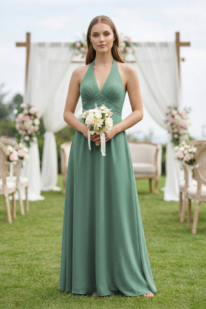 Sea Glass V-Neck Pleated A-Line Chiffon Bridesmaid Dress (4) | KISSBRIDAL