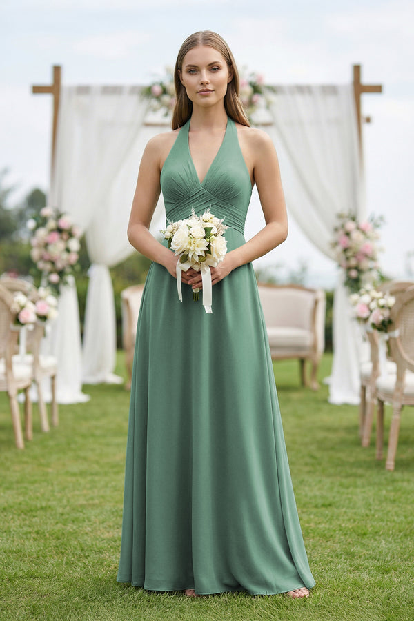 Sea Glass V-Neck Pleated A-Line Chiffon Bridesmaid Dress (4) | KISSBRIDAL