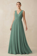 Sea Glass V-Neck Pleated A-Line Chiffon Bridesmaid Dress | KISSBRIDAL