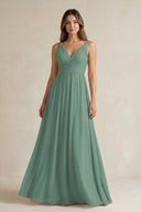 Sea Glass V-Neck Pleated A-Line Chiffon Bridesmaid Dress | KISSBRIDAL