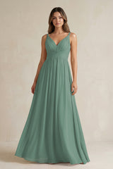 Sea Glass V-Neck Pleated A-Line Chiffon Bridesmaid Dress | KISSBRIDAL