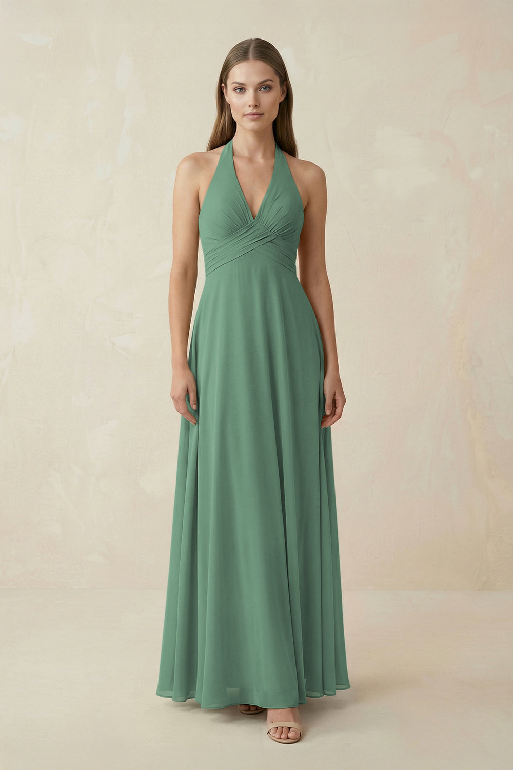 V-Neck Pleated A-Line Chiffon Bridesmaid Dress in Sea Glass