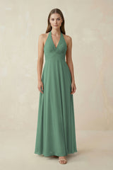 Sea Glass V-Neck Pleated A-Line Chiffon Bridesmaid Dress | KISSBRIDAL