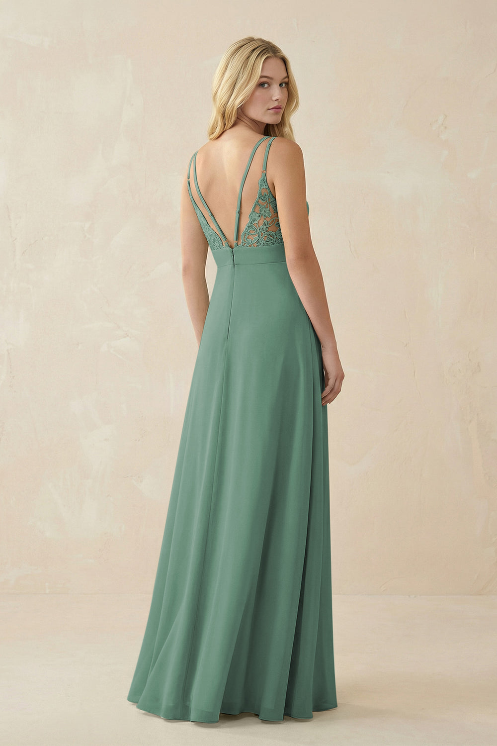 V-Neck Ruched Chiffon Bridesmaid Dress with Slit in Sea Glass