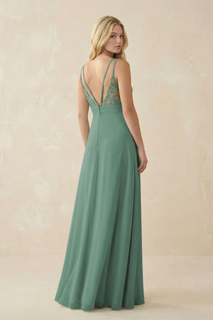Sea Glass V-Neck Ruched Chiffon Bridesmaid Dress with Slit (2) | KISSBRIDAL