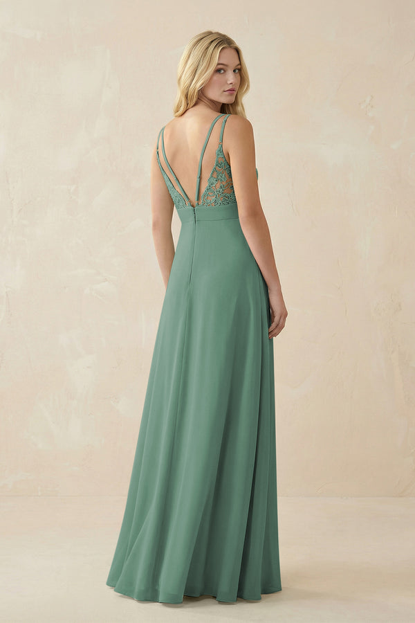 Sea Glass V-Neck Ruched Chiffon Bridesmaid Dress with Slit (2) | KISSBRIDAL