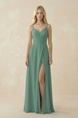 Sea Glass V-Neck Ruched Chiffon Bridesmaid Dress with Slit | KISSBRIDAL