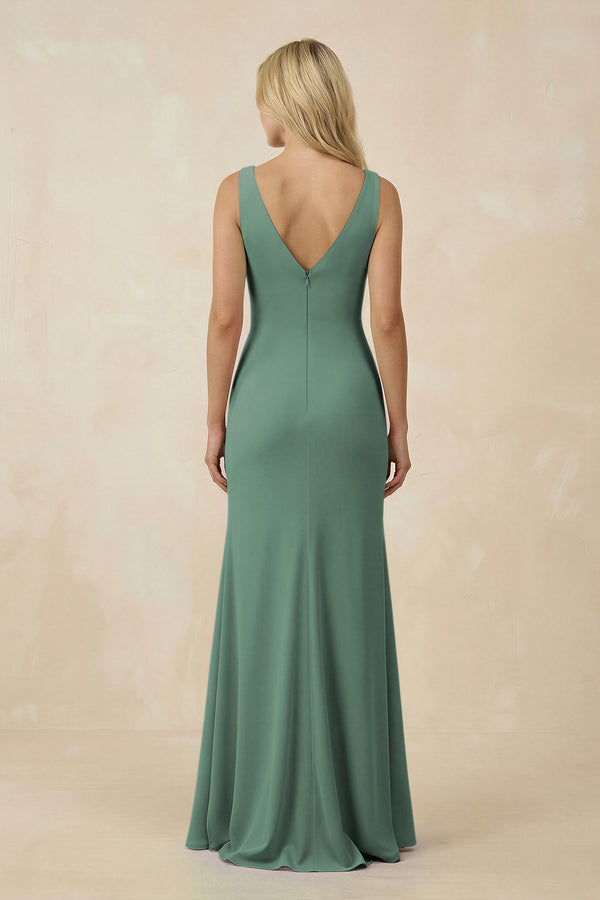 Sea Glass V-Neck Ruched Sheath Bridesmaid Dress with Slit (2) | KISSBRIDAL