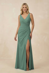Sea Glass V-Neck Ruched Sheath Bridesmaid Dress with Slit | KISSBRIDAL