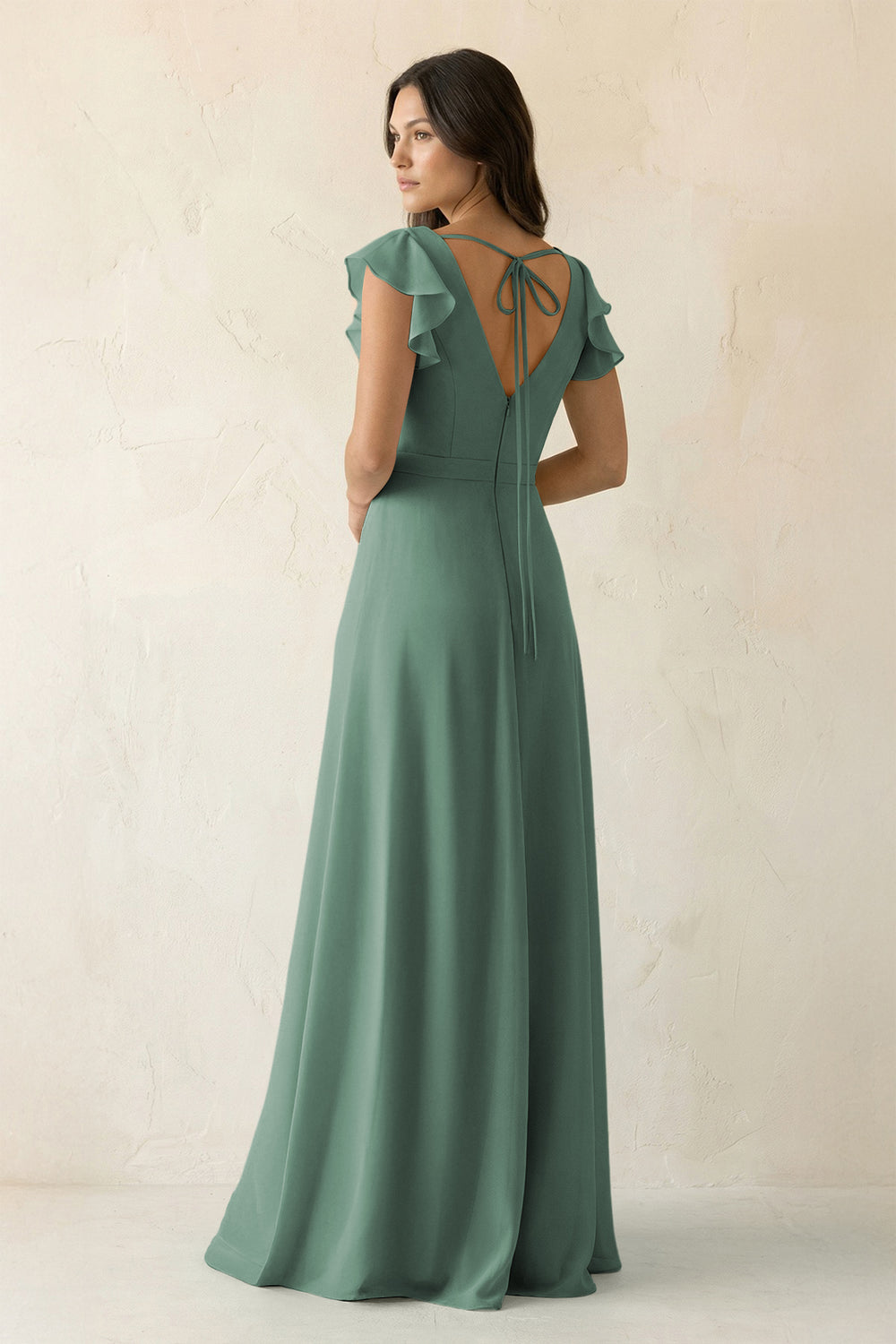 V-Neck Ruffled A-Line Chiffon Bridesmaid Dress in Sea Glass
