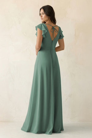 Sea Glass V-Neck Ruffled A-Line Chiffon Bridesmaid Dress (2) | KISSBRIDAL
