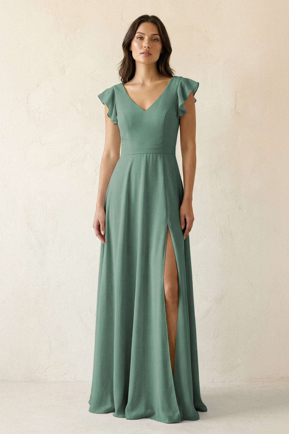 V-Neck Ruffled A-Line Chiffon Bridesmaid Dress in Sea Glass
