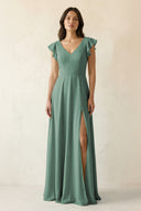 Sea Glass V-Neck Ruffled A-Line Chiffon Bridesmaid Dress | KISSBRIDAL