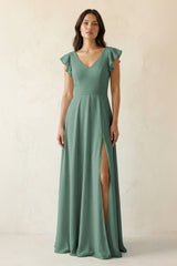 Sea Glass V-Neck Ruffled A-Line Chiffon Bridesmaid Dress | KISSBRIDAL