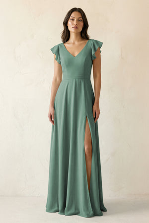 Sea Glass V-Neck Ruffled A-Line Chiffon Bridesmaid Dress | KISSBRIDAL